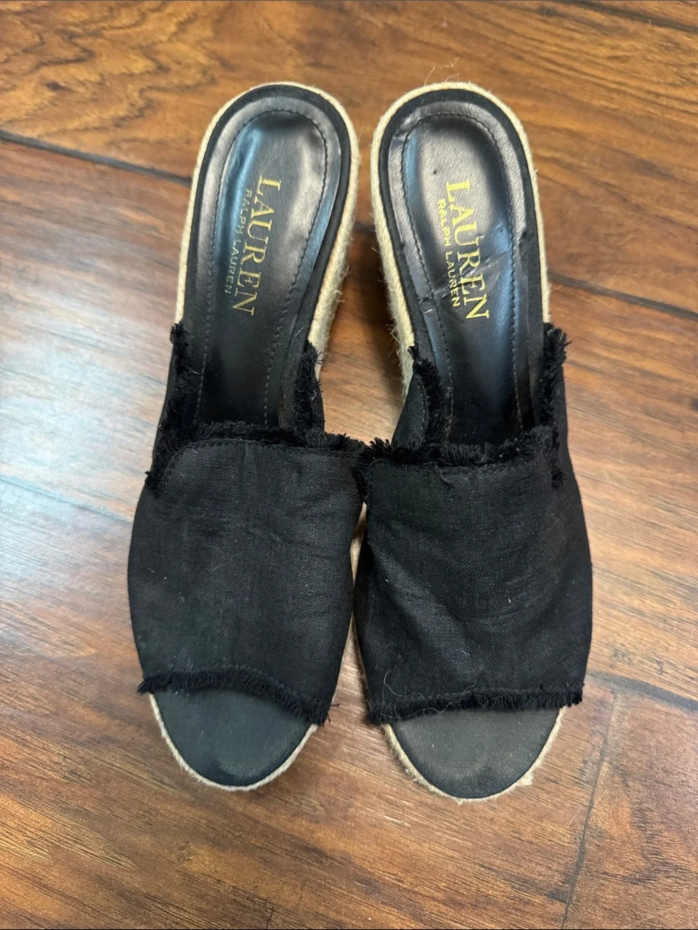 Lauren Ralph Lauren Carlynda Black Linen Espadrille Wedge Sandals 7.5 B